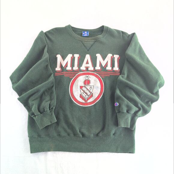 Vintage Champion 90's University of Miami Crewneck Made In USA Size Large Green - Picture 1 of 12